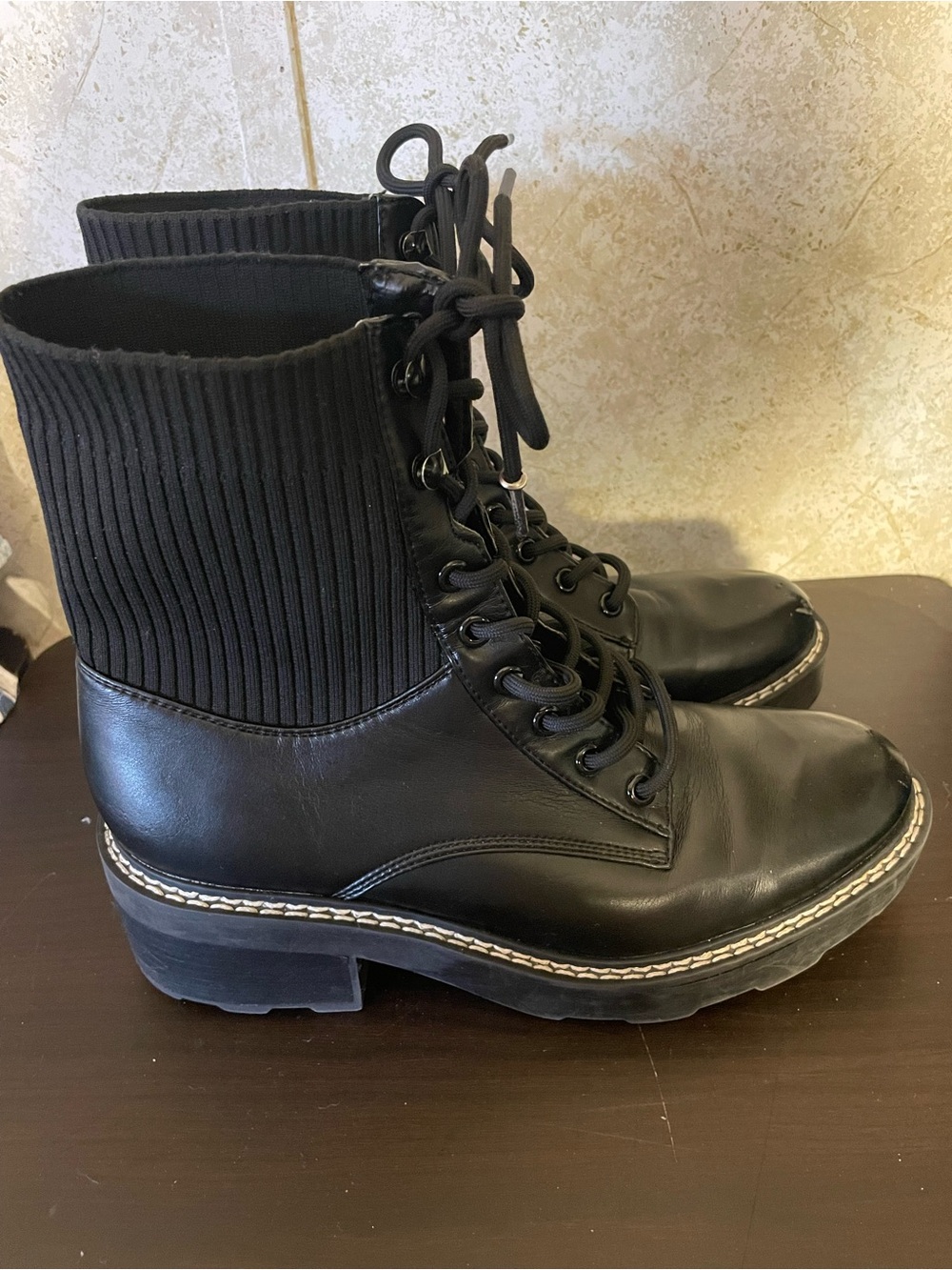 Marc Fisher Black Lace-Up Rib Knit Ankle Boots